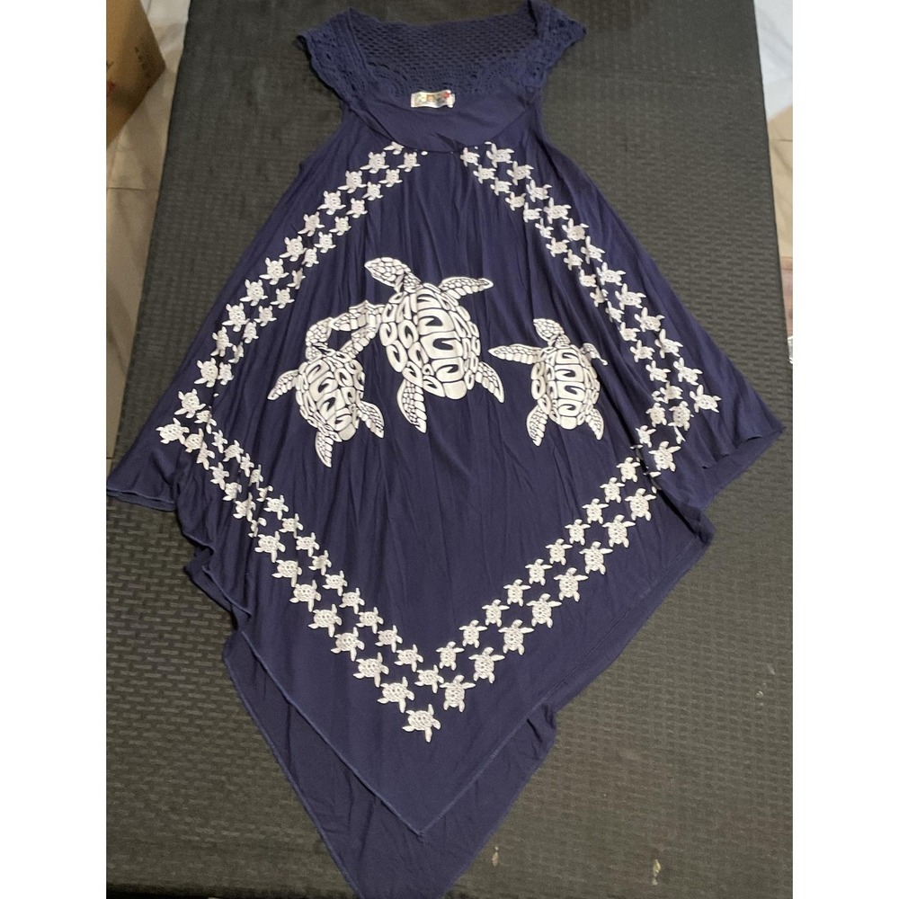 India Boutique Dress Womens One‎ Size Blue Sea Turtle Handkerchief Hem Crochet